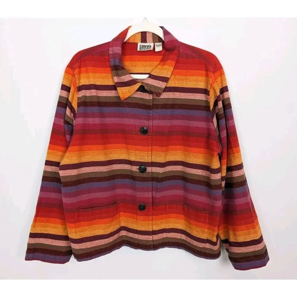 Vintage 90s Chico's 3/XL Rainbow Stripe Colorful Lightweight Jacket Southwestern